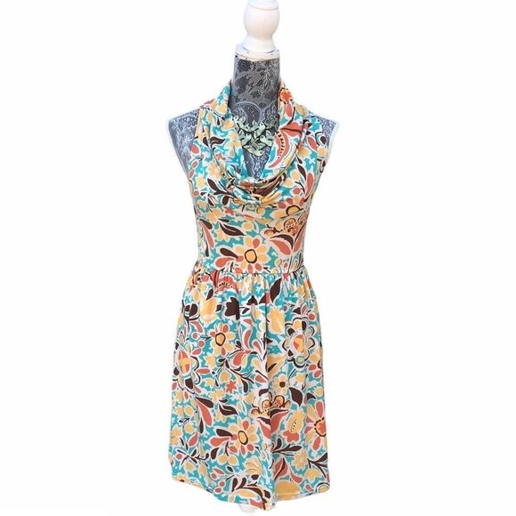 Judith March Retro Floral Print Cowl Neck Dress Size Small - Picture 1 of 7